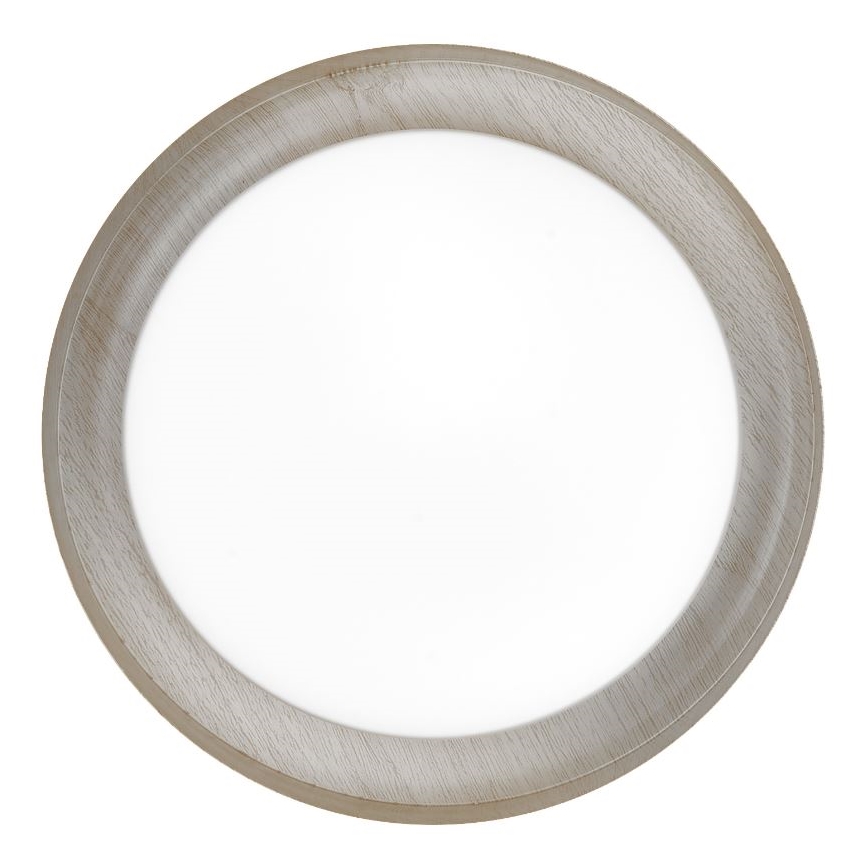 Okrúhle stropné svetlo s dreveným rámom je zobrazené na bielom pozadí. Svetlo má biely difúzor a sivohnedý rám s viditeľnou textúrou dreva.