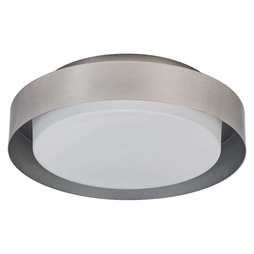 Svietidlo svieti. Je okrúhle, s matným bielym difúzorom a strieborným kovovým rámom. Je určené na stropnú montáž.