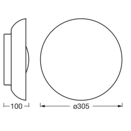 Technický výkres kruhového svietidla s priemerom 305 mm a hĺbkou 100 mm. Ukazuje bočný a čelný pohľad.