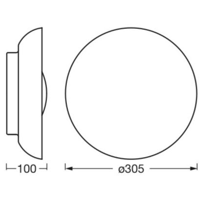 Okrúhle svietidlo s priemerom 305 mm a hĺbkou 100 mm je zobrazené v čelnom a bočnom náhľade. Súčasťou obrázku sú rozmerové schémy.