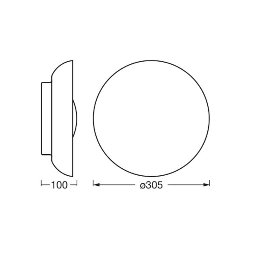 Okrúhle svietidlo s priemerom 305 mm a hĺbkou 100 mm je zobrazené v čelnom a bočnom náhľade. Súčasťou obrázku sú rozmerové schémy.