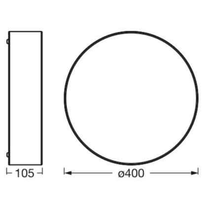 Kruhový svietidlo s priemerom 400 mm, je zobrazené v náčrte s rozmermi 105 mm na výšku. Náčrt znázorňuje pohľad spredu a zboku.