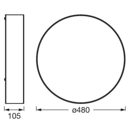 Svietidlo je zobrazené v čelnom a bočnom pohľade. Priemer svietidla je 480 mm, výška 105 mm.