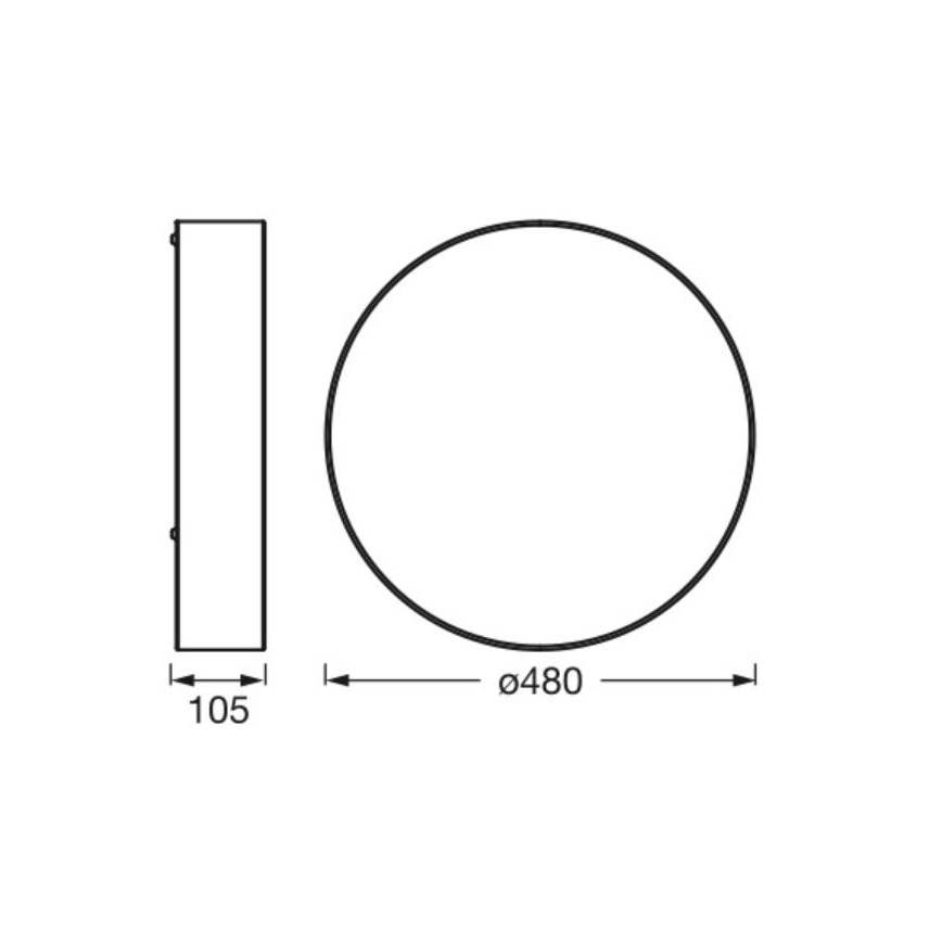 Svietidlo je zobrazené v čelnom a bočnom pohľade. Priemer svietidla je 480 mm, výška 105 mm.