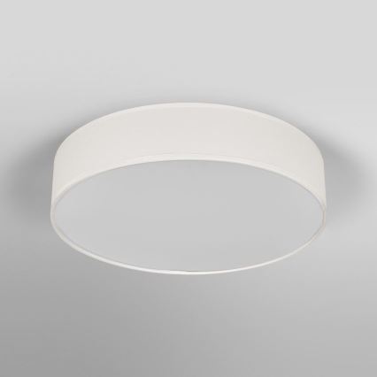 Biela stropná lampa s textilným tienidlom je pripevnená k stropu. Lampa je okrúhla a vydáva rozptýlené svetlo. Pozadie je jednoduché, svetlošedé.