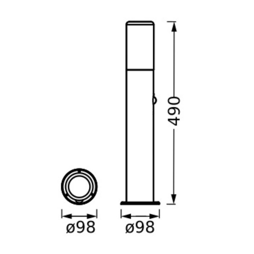 Technický nákres stojacej lampy s výškou 490 mm a priemerom základne 98 mm. Lampa má valcový tvar s plochou hlavou. Základňa má kruhový tvar.