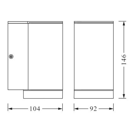 Dvojica technických výkresov znázorňuje obdĺžnikový objekt s dvierkami a rozmermi 104x146 mm a 92x146 mm, videný zboku a spredu.