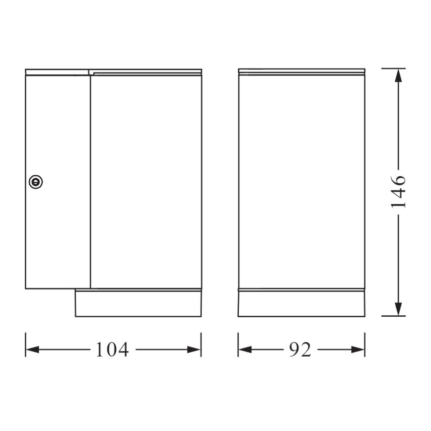 Dvojica technických výkresov znázorňuje obdĺžnikový objekt s dvierkami a rozmermi 104x146 mm a 92x146 mm, videný zboku a spredu.