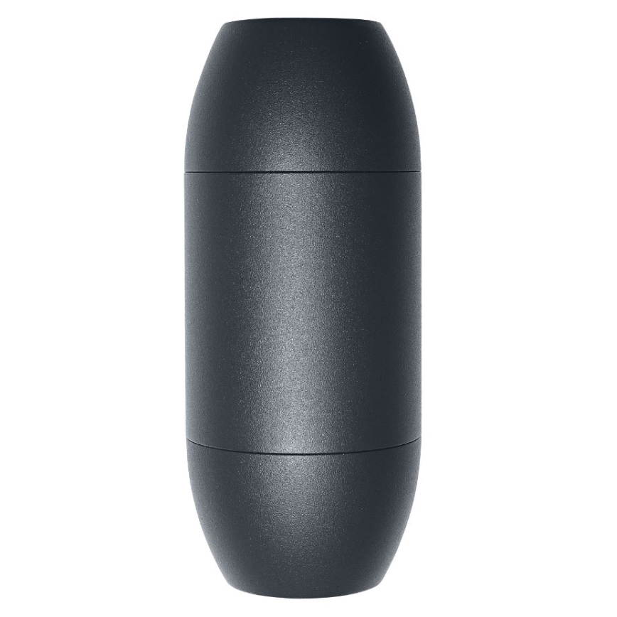 Tmavosivá valcovitá nádoba s mierne zaoblenými koncami stojí na bielom pozadí.