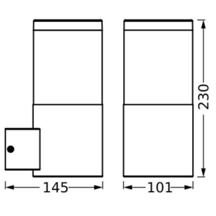 Dve obdĺžnikové schémy zobrazujúce rozmery predmetu; jeden s bočnou pripojenou časťou, rozmery 145 x 230 mm, druhý s rozmermi 101 x 230 mm.