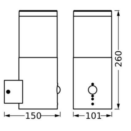 Dva čelné pohľady na svietidlo. Svietidlo má výšku 260 mm a šírku 101 mm resp. 150 mm. Jedno zobrazenie ukazuje bočný spínač.