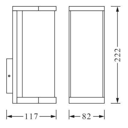 Dvojica nástenných svietidiel, zobrazených v čelnom a bočnom pohľade s rozmermi: výška 222 mm, šírka 117 mm a 82 mm.