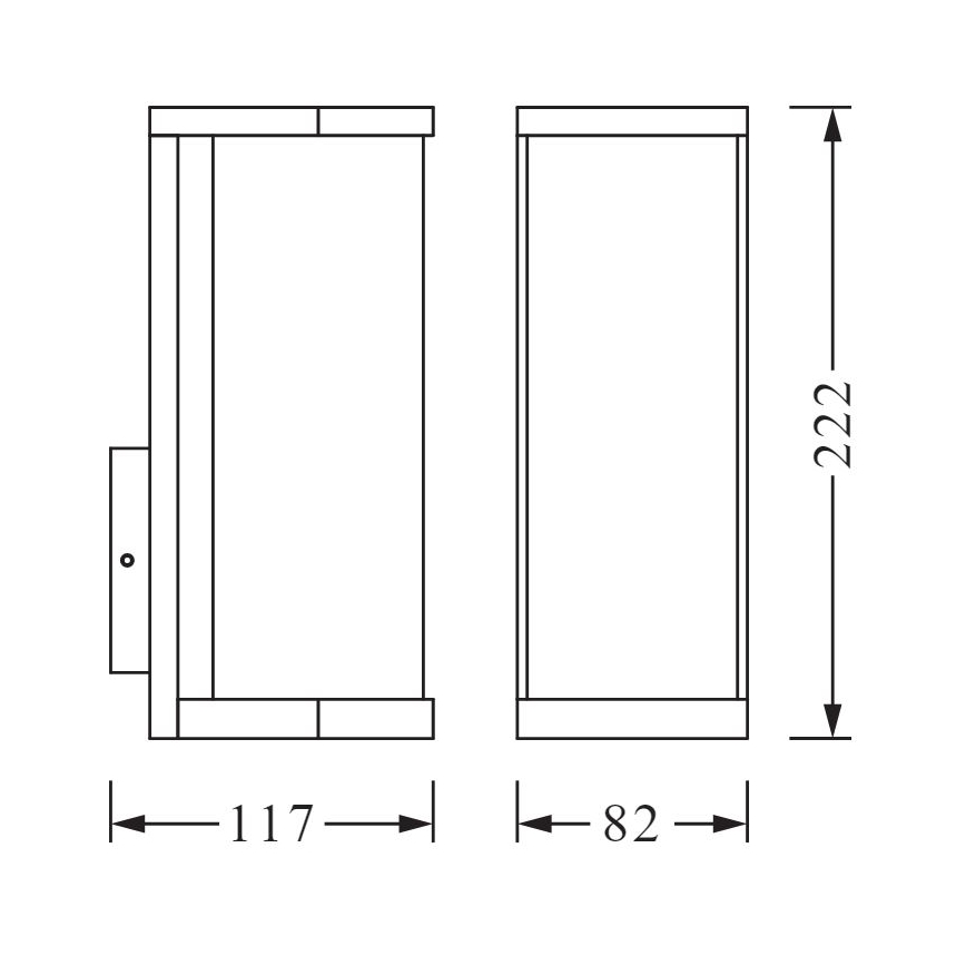 Dvojica nástenných svietidiel, zobrazených v čelnom a bočnom pohľade s rozmermi: výška 222 mm, šírka 117 mm a 82 mm.