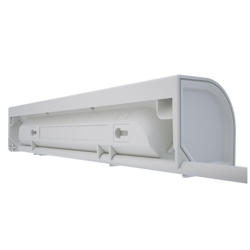 Dlhý, svetlosivý valec je umiestnený vo vnútri väčšej, rovnakej sivej konštrukcie. Celok pripomína časť dopravného prostriedku, umiestnený na bielom pozadí.