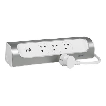 Legrand 049406 - Predlžovací kábel 3Z Typ E + USB-A + USB-C 1m strieborná/biela