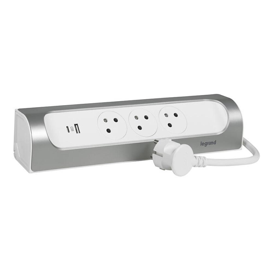 Legrand 049406 - Predlžovací kábel 3Z Typ E + USB-A + USB-C 1m strieborná/biela