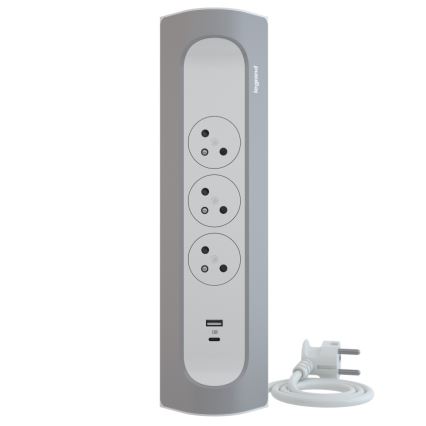 Legrand 049406 - Predlžovací kábel 3Z Typ E + USB-A + USB-C 1m strieborná/biela