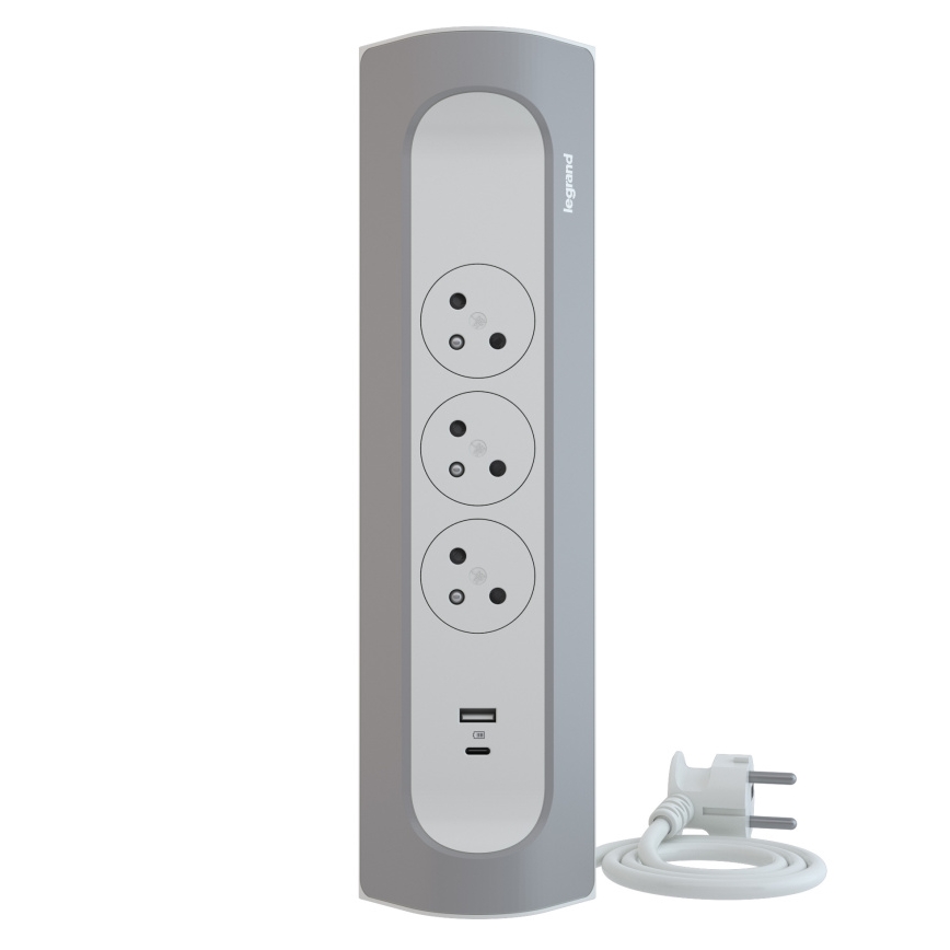 Legrand 049406 - Predlžovací kábel 3Z Typ E + USB-A + USB-C 1m strieborná/biela