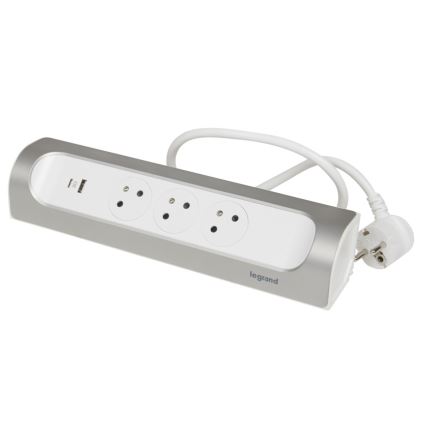 Legrand 049406 - Predlžovací kábel 3Z Typ E + USB-A + USB-C 1m strieborná/biela