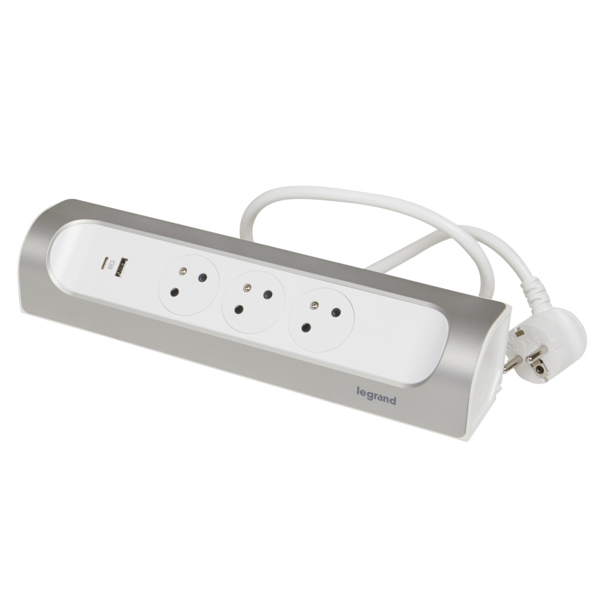 Legrand 049406 - Predlžovací kábel 3Z Typ E + USB-A + USB-C 1m strieborná/biela