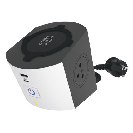 Legrand 049412 - Rozbočovacia zásuvka s vypínačom 2Z Typ E + USB-A + USB-C a bezdrôtovým nabíjaním 10W 2m biela