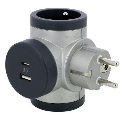 Legrand 049439 - Rozbočovacia zásuvka otočná 2Z Typ E + USB-A + USB-C strieborná/čierna
