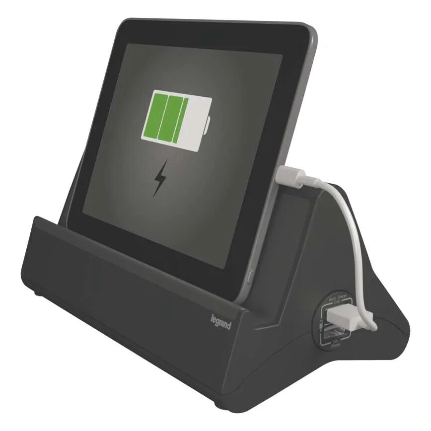 Legrand 050411 - Predlžovací kábel s vypínačom a stojanom na tablet 3Z Typ E + 2 x USB-A 1,5m čierna
