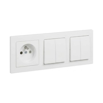 Legrand - 2x dvojitý sériový vypínač č. 5 a domová zásuvka s rámikom SUNO 250V biela