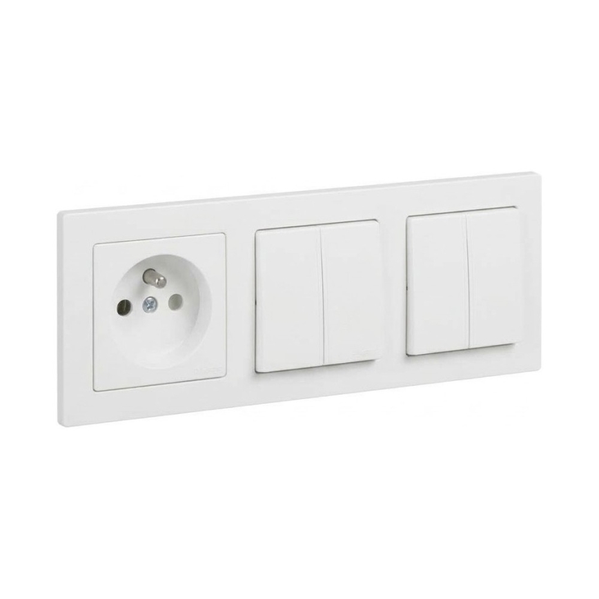 Legrand - 2x dvojitý sériový vypínač č. 5 a domová zásuvka s rámikom SUNO 250V biela