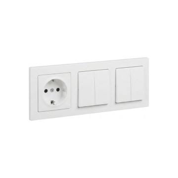Legrand - 2x dvojitý sériový vypínač č. 5 a domová zásuvka SCHUKO s rámčekom SUNO 250V biela