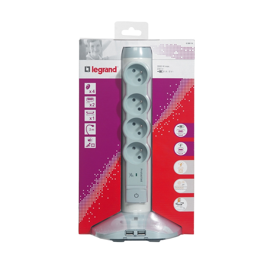 Legrand 50014 - Zásuvkový stĺpik 4x2P+T + 3xUSB, 2M