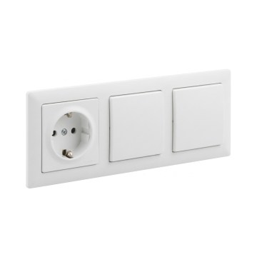 Legrand - Dvojitý jednopolový vypínač č. 1 a domová zásuvka SCHUKO s rámčekom SUNO 250V biela