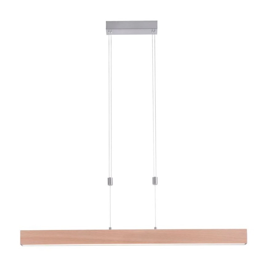 Drevené svietidlo visí zo stropu na dvoch kábloch. Svietidlo je dlhé a úzke, svetlo vychádza z jeho spodnej strany. Stropný úchyt je kovový.