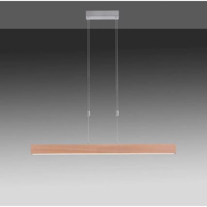 Drevené stropné svietidlo visí zo stropu na dvoch kábloch. Svietidlo má obdĺžnikový tvar s dreveným telom a kovovými detailmi. Pozadí je tmavosivé.