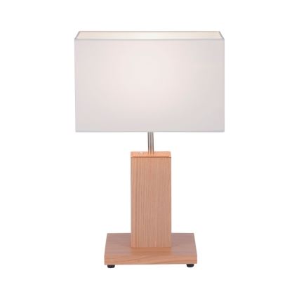 Stolová lampa s bielym tienidlom a dreveným podstavcom stojí na bielom pozadí.