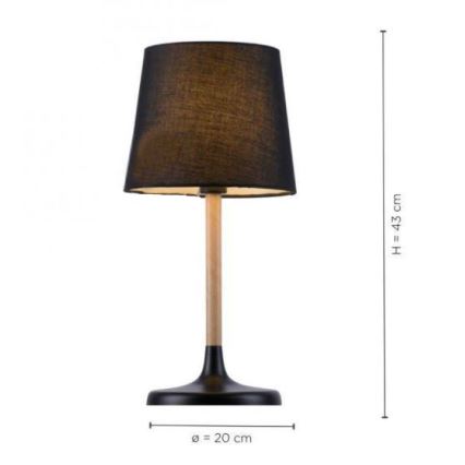 Stolová lampa s čiernou látkovou tienidlom a dreveným stĺpikom s čiernou podstavou, s výškou 43 cm a priemerom podstavy 20 cm, stojí na bielom pozadí.