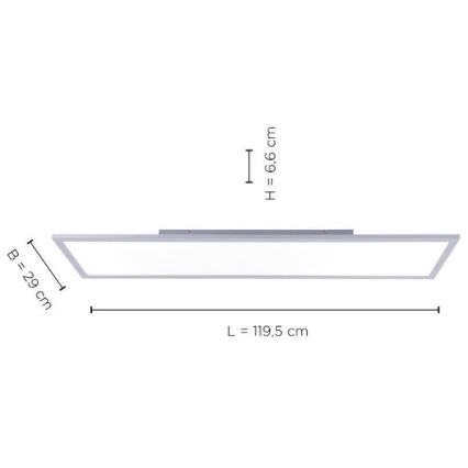 Obdĺžnikové svietidlo je zobrazené s rozmermi: výška 6,6 cm, šírka 29 cm, dĺžka 119,5 cm. Svietidlo je umiestnené na schéme.