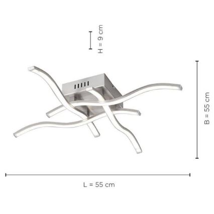 Stropné svietidlo s krivolakými LED ramenami je zobrazené s rozmermi: L=55 cm, B=55 cm, H=9 cm.