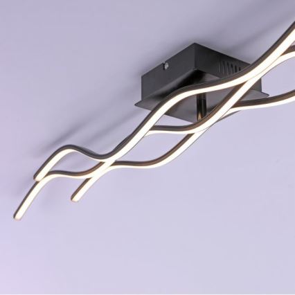 Svietidlo s dvoma vlnovitými LED pásikmi je pripevnené k štvorcovému čiernemu stropnému držiaku. Pásik vyžaruje teplé svetlo. Svetlo je inštalované na strope.