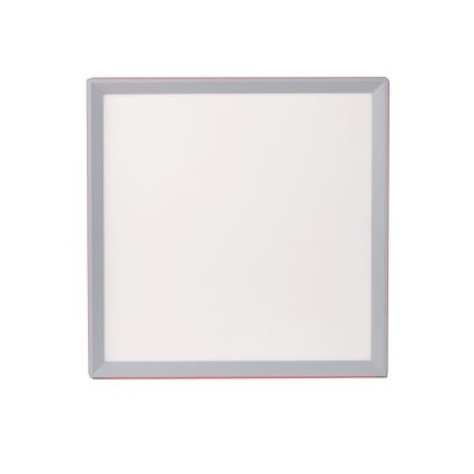 Štvorcový panel s bielou plochou a sivým rámom, ktorý je orámovaný tenkým červeným lemom, je umiestnený na bielom pozadí.