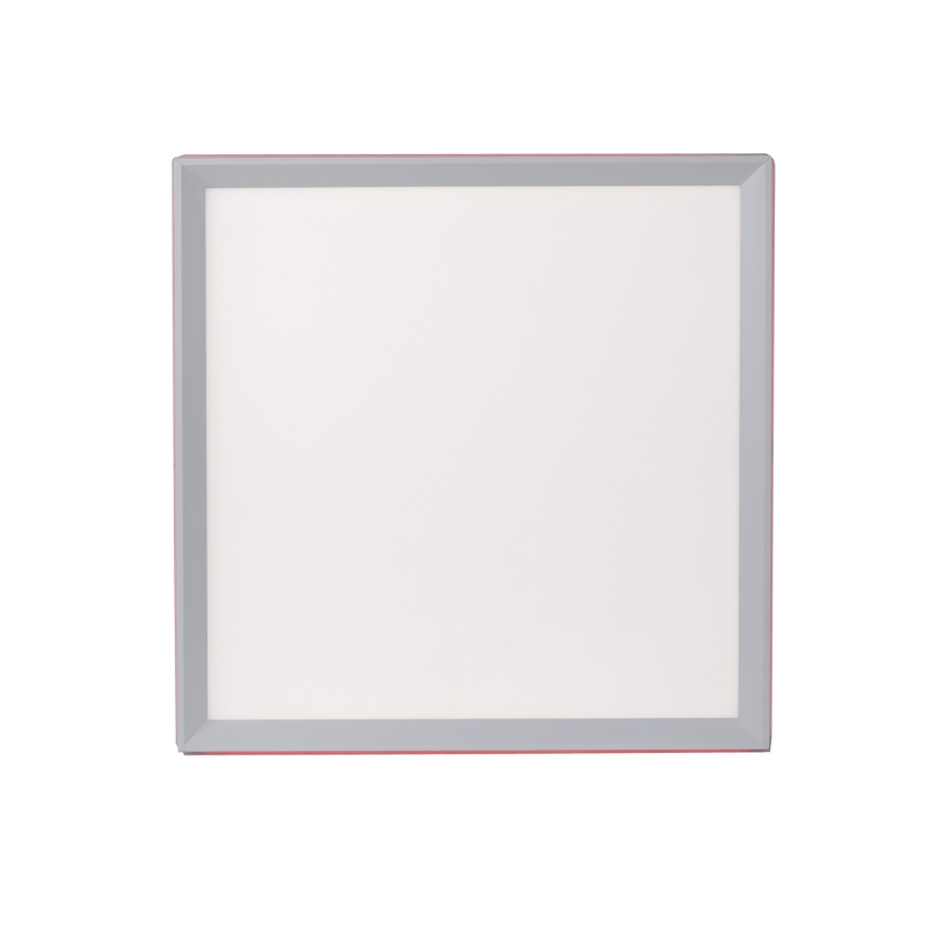 Štvorcový panel s bielou plochou a sivým rámom, ktorý je orámovaný tenkým červeným lemom, je umiestnený na bielom pozadí.
