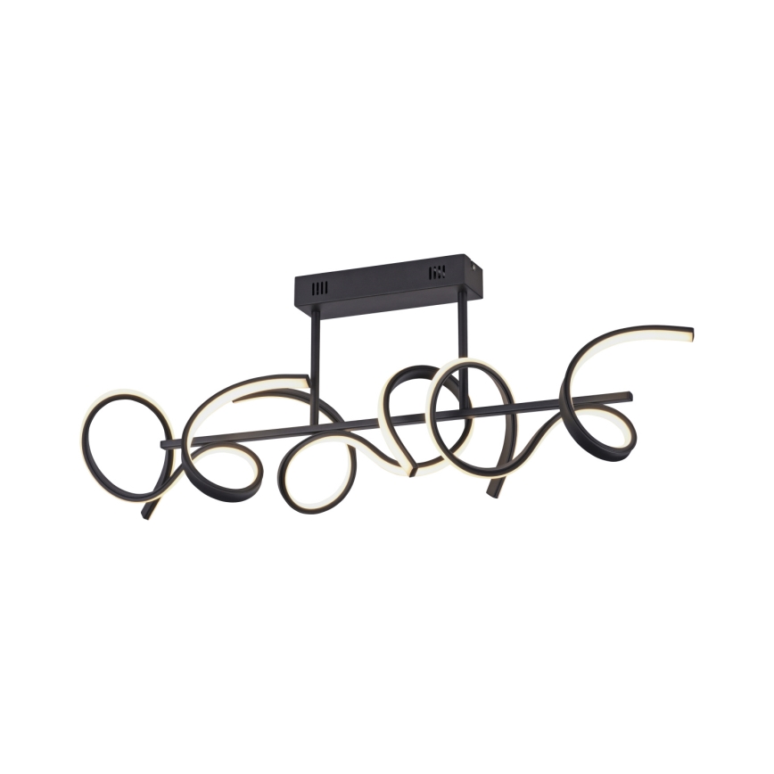 Svietidlo svieti. Jeho dizajn pozostáva z čiernych, abstraktne zakrivených prvkov s integrovanými LED diódami, pripevnených k stropnej konzole. Svetlo je teplé biele.