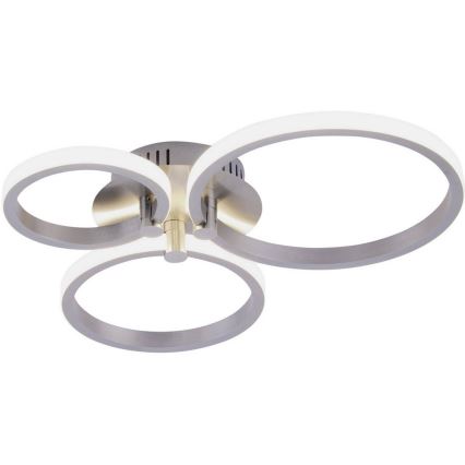Svietidlo s tromi kruhovými LED svetlami, pripevnené k stropu, s kovovou niklovou konštrukciou. Svetlá sú umiestnené v prekrývajúcich sa kruhoch.