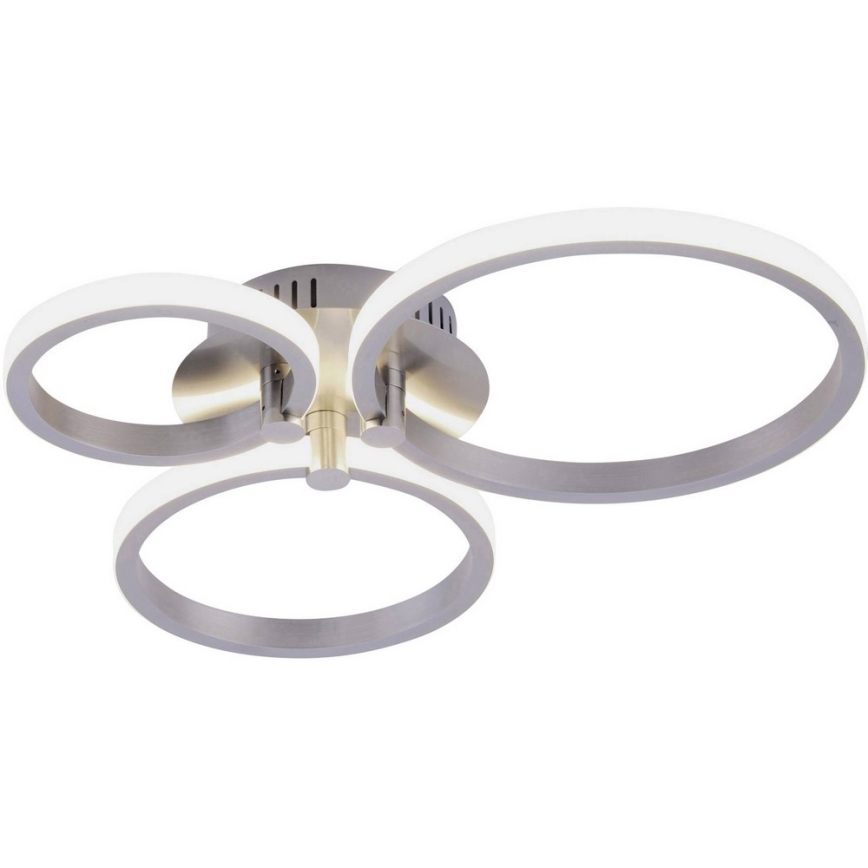 Svietidlo s tromi kruhovými LED svetlami, pripevnené k stropu, s kovovou niklovou konštrukciou. Svetlá sú umiestnené v prekrývajúcich sa kruhoch.