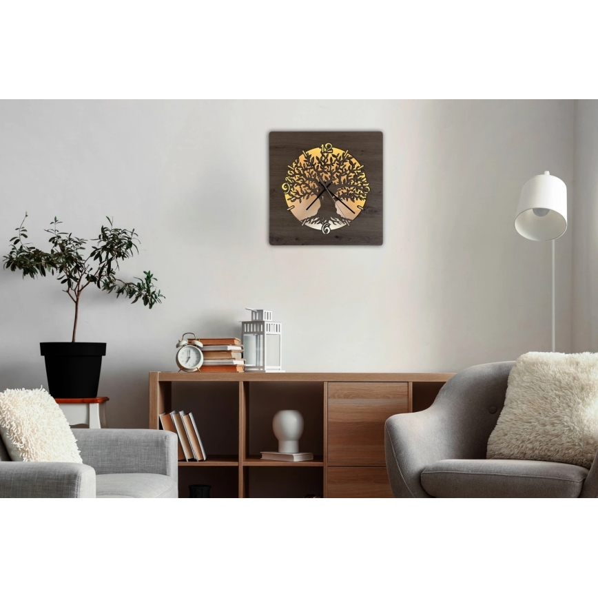 Li-Go 23537/DUB2 - LED stmievateľné hodiny LED/10W/5V 20000 mAh 42x42 cm dub/olivovník v kruhu + diaľkové ovládanie