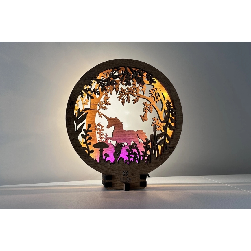 Li-Go 23568/DUB2 - LED Stmievateľná stolová dekorácia LED/12W/230V 20x22 cm dub/jednorožec