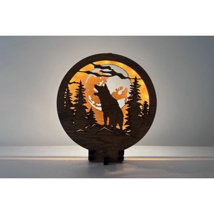 Li-Go 23574/DUB2 - stmievateľná LED stolná dekorácia LED/12W/230V 20x22 cm dub/Vlk a mesiac