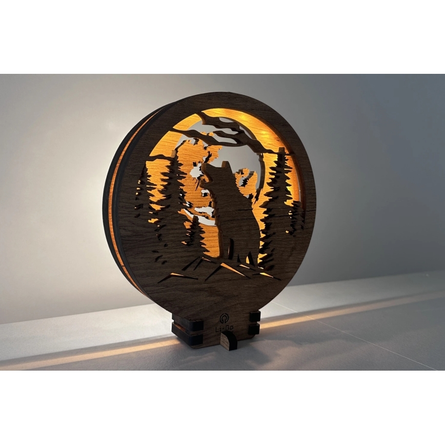 Li-Go 23574/DUB2 - stmievateľná LED stolná dekorácia LED/12W/230V 20x22 cm dub/Vlk a mesiac
