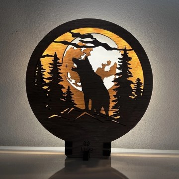 Li-Go 23574/DUB2 - stmievateľná LED stolná dekorácia LED/12W/230V 20x22 cm dub/Vlk a mesiac