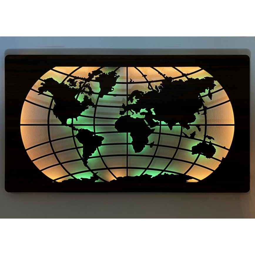 Li-Go 4709/DUB2 - LED RGBW stmievateľná nástenná dekorácia LED/24W/230V 125x74 cm dub/Mapa sveta rovnobežky + diaľkové ovládanie